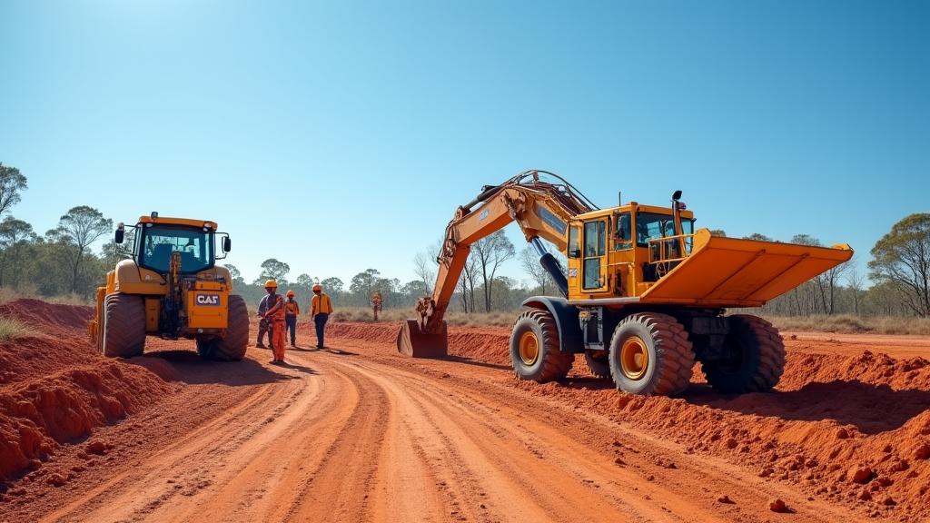 Construction workers and heavy machinery at a major infrastructure project in a rural Australian setting, with a clear blue sky. 