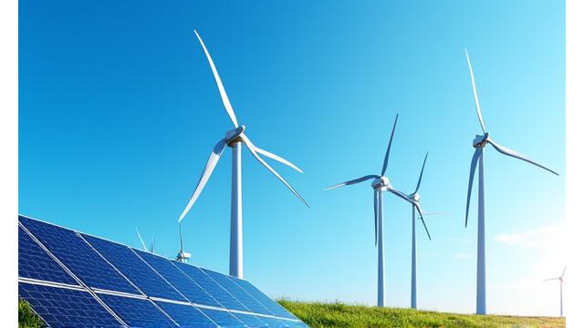 Solar panels and wind turbines against a blue sky, symbolising renewable energy.