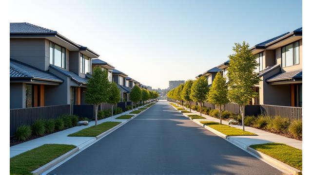 A suburban street with modern Australian houses, clear sky.