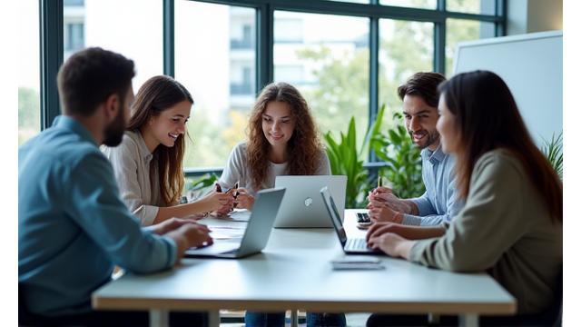 A diverse group of young professionals collaborating in a modern, brightly lit office space, focused on laptops and whiteboards.